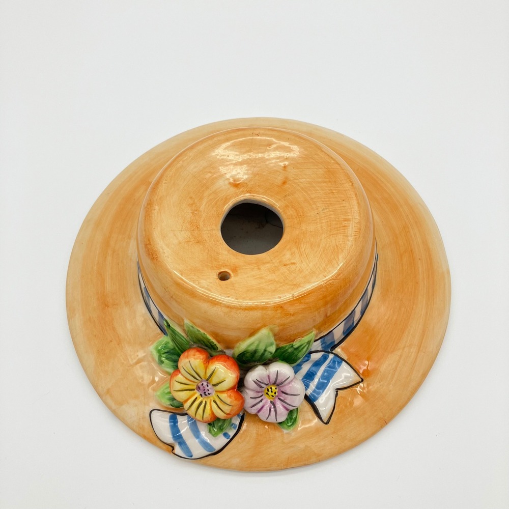 Giftco Ceramic Wall Pocket Planter Vintage 9in Tan Straw Hat Floral Ribbon